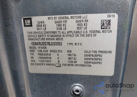 2011 Chevrolet Traverse 2Lt из США, поврежденный, VIN 1GNKRJED7BJ203052